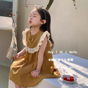 Orange Kids🍊【90-140】女童洋裝 女童花邊連身裙 夏季兒童繡花熊公主裙 寶寶荷葉邊袖公主裙 兒童裙子