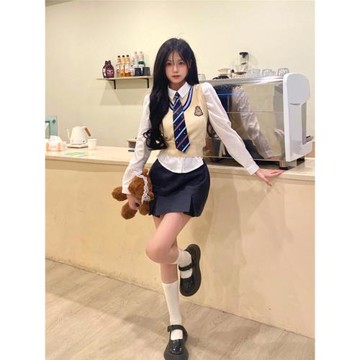 美式學院風JK制服制服套裝女秋季新款短款馬甲白襯衫包臀裙三件套
