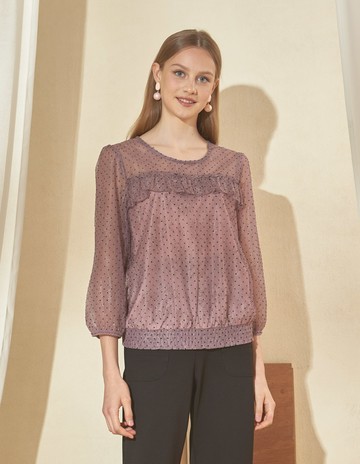 ★【喜芝梅】星塵幻影 優雅波點紗質荷葉邊裝飾長袖上衣(紫色；M-3L) 224160326