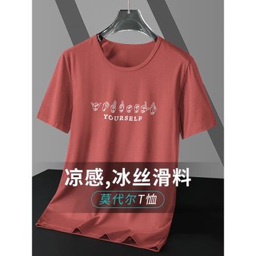 莫代爾冰絲短袖t恤男2025新款夏季速干涼感半袖字母印花圓領體恤
