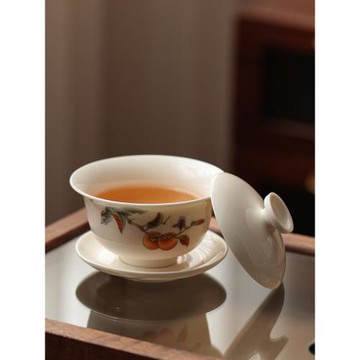 中國風單個大號柿子三才蓋碗茶杯防燙陶瓷客廳家用功夫茶具敬茶碗
