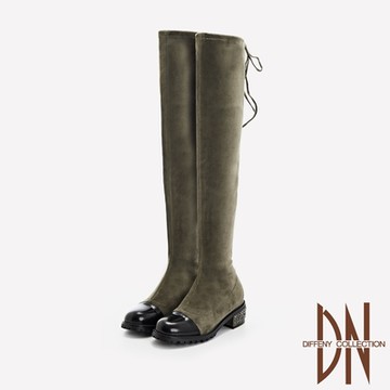 DN長靴_顯瘦質感絨面拼接真皮後跟水鑽過膝長靴-灰