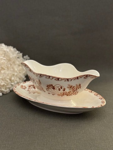 40182-稀有法國古董LONGWY棕褐色醬汁船CHARTRES model 系列