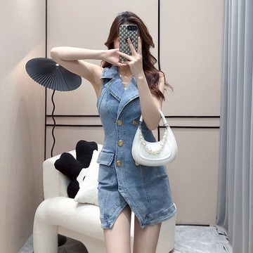 韓版chic時尚辣妹裝高腰牛仔連衣裙女夏季2022年雙排扣A字短裙子