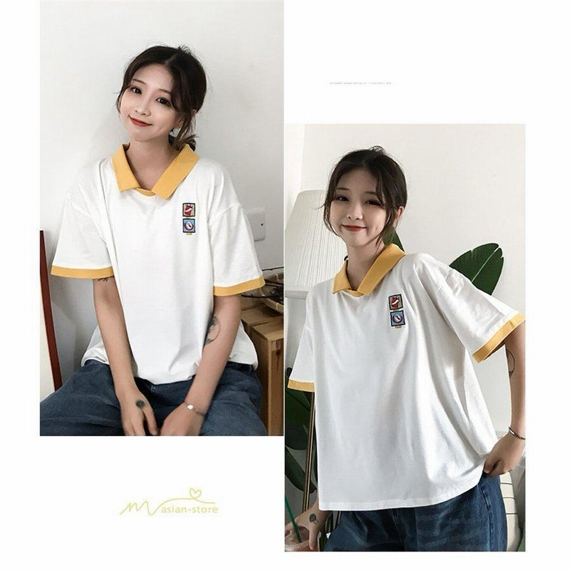 レディーストップスTシャツ折り襟半袖Tシャツ韓国ファッション