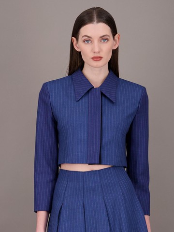 Cropped Tailored Pen Stripe Blazer [Blue]