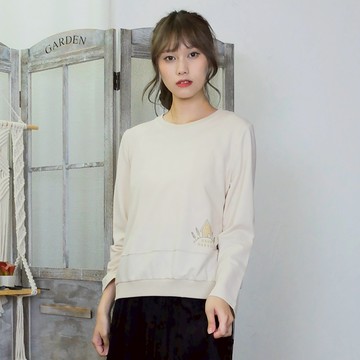 花木馬日系女裝趣味印繡花羅文收口休閒長袖T恤