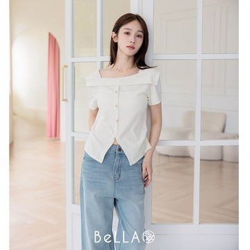 【夏季新品】BeLLA 一字領金釦上衣 杏色