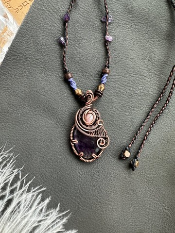 WW436 民族風繞銅線 復古做舊 wire wrap 紫水晶 吊咀 頸鏈