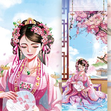 四季 - 春日少女 韓國韓服插畫風明信片 (uha) 書籤