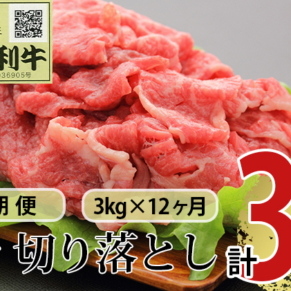 《定期便》12ヶ月連続 秋田由利牛 バラ切り落とし 3kg（1kg×3パック）