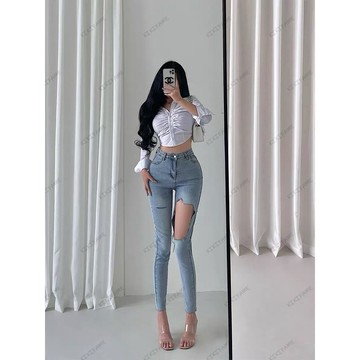 【𝐊𝐈𝐊𝐈𝐅𝐀𝐌𝐄】🖤四色 辣妹B入！性感大破洞彈力牛仔長褲 九分褲 鏤空牛仔褲 小腳褲 破洞牛仔褲 休閒長褲