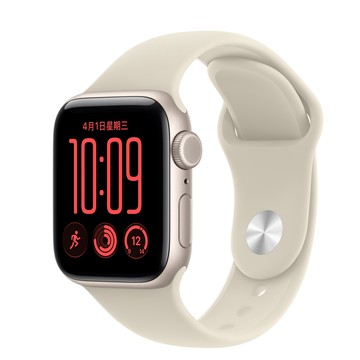 Apple Watch SE 3 (GPS + 行動網路)；40 公釐星光色鋁金屬錶殼；沙色運動型錶帶 - M/L