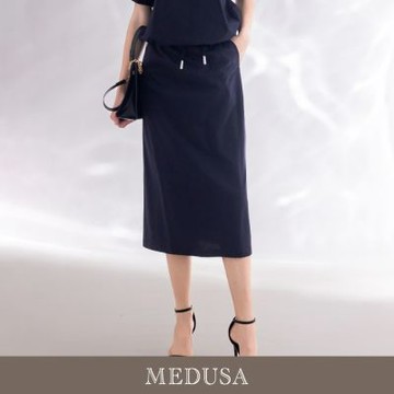 現貨【MEDUSA 曼度莎】深藍水鑽小字休閒切接直筒裙（M-XL）｜長裙穿搭 直筒裙 休閒穿搭