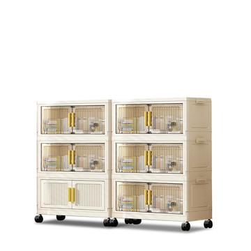 【Mr.box】60面寬豎紋摺疊磁吸雙開門三層收納櫃-附滑輪60面寬三層透黑面板