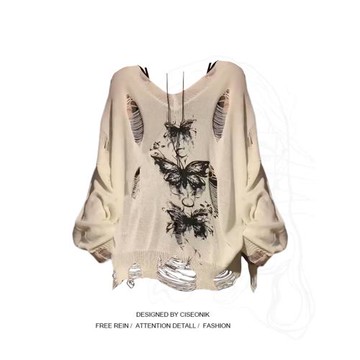 大碼胖妹妹辣妹蝴蝶涂鴉鏤空長袖T恤女夏季炸街寬松薄款防曬罩衫