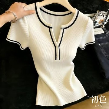初色 韓系簡約風V領鈕扣線條針織短袖T恤上衣-白色-50910(F可選)