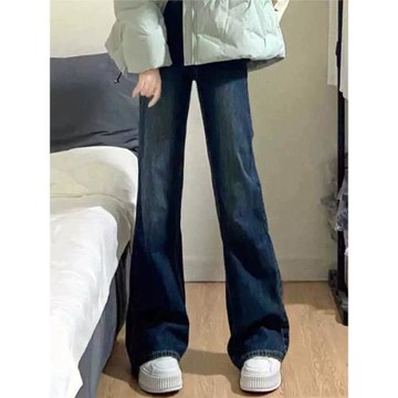 胖mm微喇牛仔褲女秋冬加絨加厚顯瘦大碼高腰直筒寬松復古闊腿褲子