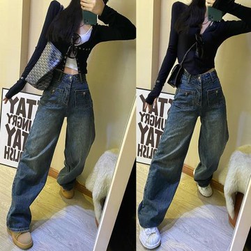 2025春秋款韓版高腰直筒闊腿牛仔褲女寬松顯瘦設計感大口袋拖地褲