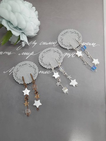 YLANG【白貝星月】貝殼系Swarovski/藝術銅線(仿針無痛耳夾/耳勾)