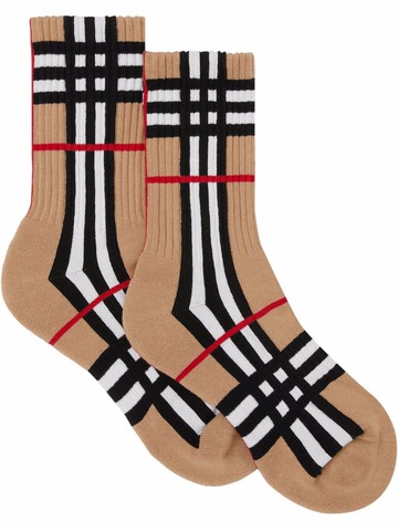 Burberry - check intarsia technical stretch-cotton socks - unisex - Polyamide/Cotton/Elastane - XL - Brown