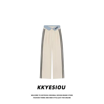 KKyesiou辣妹bm風高腰翻邊休閑褲女美式街頭運動休閑側條紋直筒褲