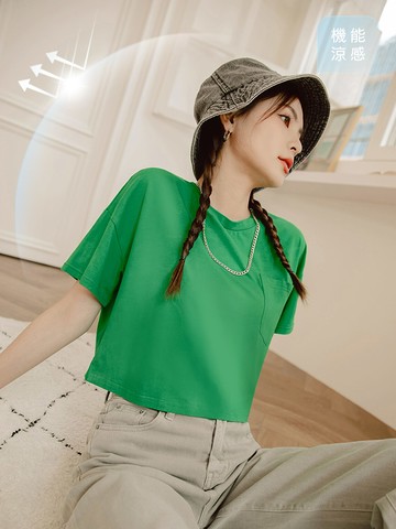 涼感．多色冰絲棉防曬高彈寬鬆短版口袋T/上衣