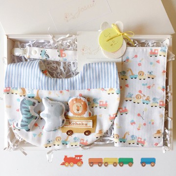 3件套圍兜組合(含三隻動物)/訂製名字/日本二重紗/火車