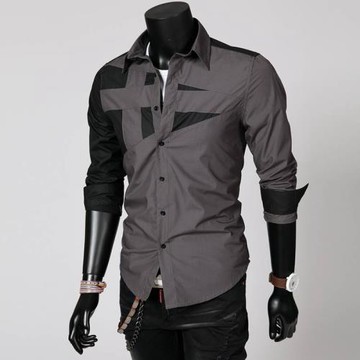 韓式風撞色長袖襯衫潮流修身男款襯衣黑色men s casual shirt top