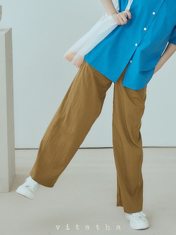 咖色 2色 老友記 超舒適夏日半松緊腰弧形長褲 休閒百搭男女同款