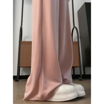 銅氨絲闊腿褲女夏季薄款高腰垂感慵懶休閑直筒拖地窄版粉色冰絲褲