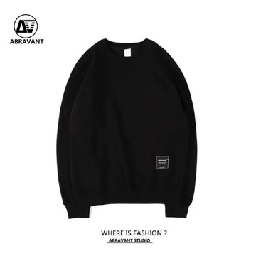 ABRAVANT原創潮港風休閑運動純色圓領薄款衛衣男秋冬加絨衛衣情侶