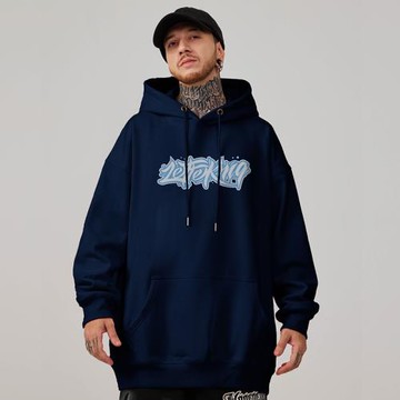 寶藍色大碼外套港風連帽字母衛衣潮牌胖男生大碼男裝春秋冬季加絨