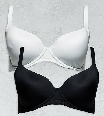 ASOS DESIGN Curve 2 pack microfibre moulded t-shirt bra in black & white-Multi