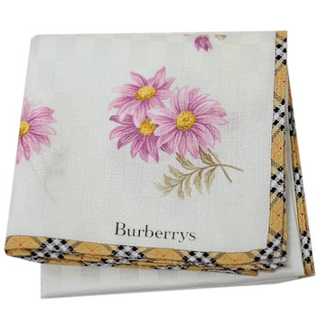 Burberrys 日本製優雅花朵格紋滾邊字母LOGO圖騰帕領巾(白底/50CM)