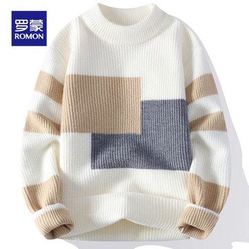 羅蒙撞色毛衣男士2025新款冬季潮流寬松圓領針織衫男打底保暖線衣