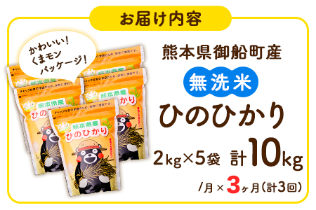 研がずに炊ける！ ひのひかり 無洗米 10kg 2kg×5袋 計3回お届け 鮮度保持パック詰め合わせ くまモン袋入り 株式会社 九州食糧《お申込み月翌月から出荷開始》洗わなくてOK 精米 白米 コメ 小分け 訳あり 定期便 期間限定---sm_kyuhn3tei_23_48000_mo3num1---