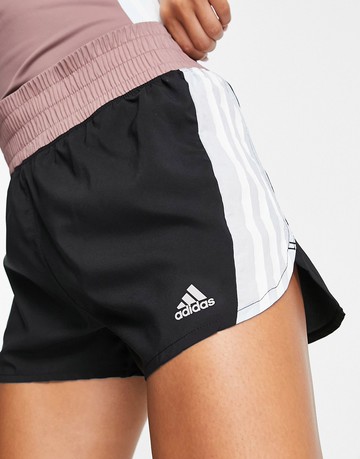 adidas Running colourblock 3 stripe high waisted short in black, blue and burgundy