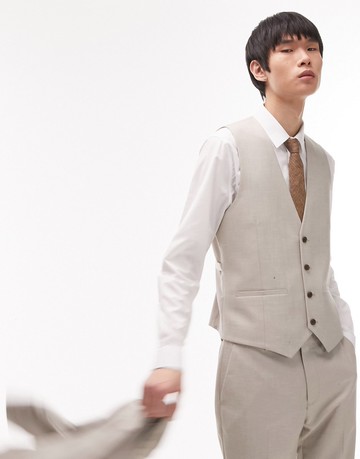 Topman slim linen blend waistcoat in stone-Neutral