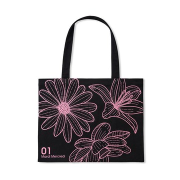 韓國 Mardi Mercredi CANVAS BAG TRIPLE FLOWER 雛菊帆布托特包 黑色粉色BLACK PINK