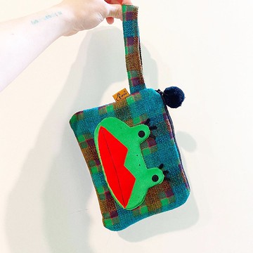 E*group 阿蛙手提包 綠格子  置物袋 化妝包 手提包