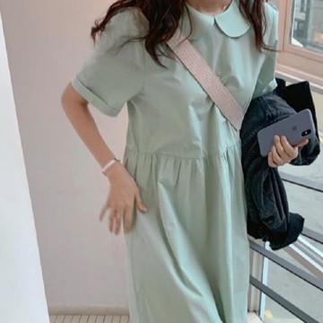 邁締諾純色連衣裙夏季新款韓版chic甜美薄荷色簡約寬松娃娃領清新
