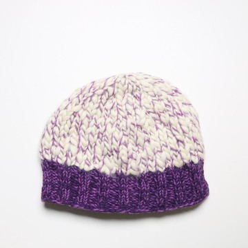 童/成人紫白配色粗線編織拼接瓜皮帽/純羊毛線手工編織全襯防風毛