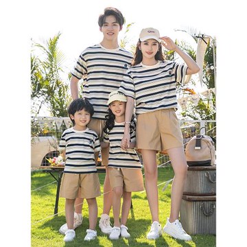 親子裝夏裝2025新款夏天一家三口四口母子母女家庭裝條紋短袖T恤