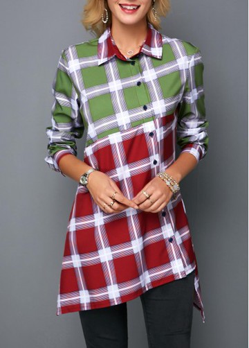 Asymmetric Hem Button Front Color Block Shirt