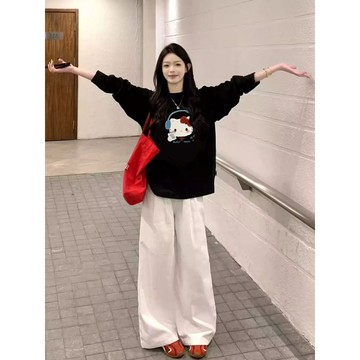 100%純棉 長袖t恤女新款寬鬆設計感小衆打底 大學t oversize 長袖上衣 打底衫 内搭 长袖t恤