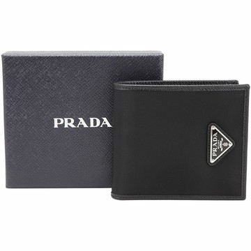 PRADA 普拉達 Saffiano 三角牌防刮皮拼接尼龍8卡對折短夾(黑色)