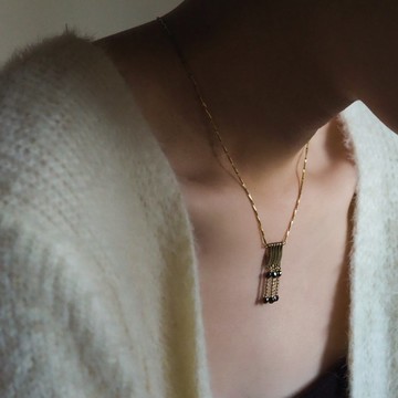 復古刻紋 黃銅玻璃珠調節流蘇項鏈 金棕