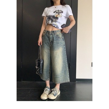 【RICECAKE & OISIS】美式水洗 復古做舊 牛仔七分褲 高級感 百搭 直筒闊腿褲 休閒褲 女