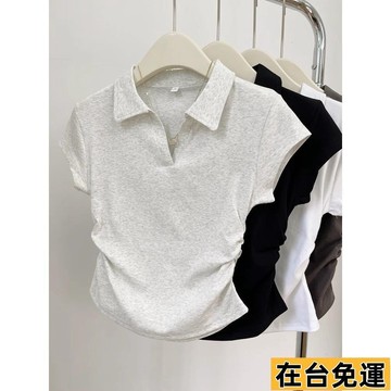 🔥台灣發出🔥 夏季修身顯瘦T恤 正肩T恤 不規則短袖 短款Polo衫上衣 白灰色短袖T恤 辣妹上衣 設計感上衣 內搭